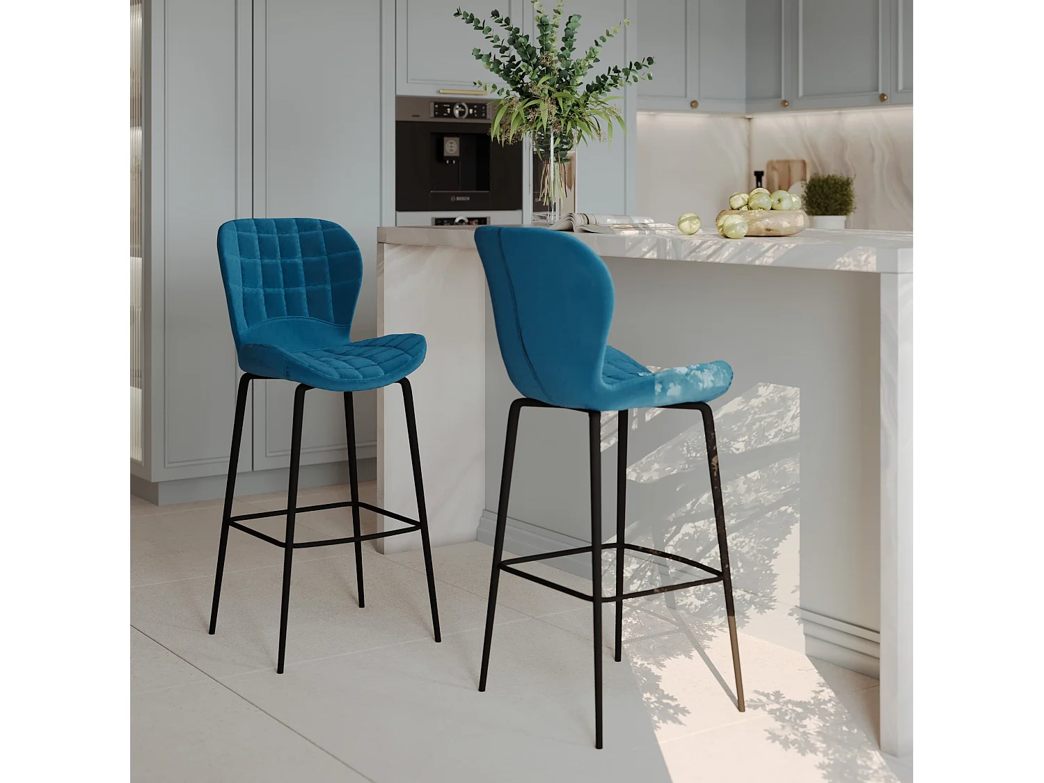Pack 4 chaises de bar en velours jaune et bleu 75 cm - Mazzia