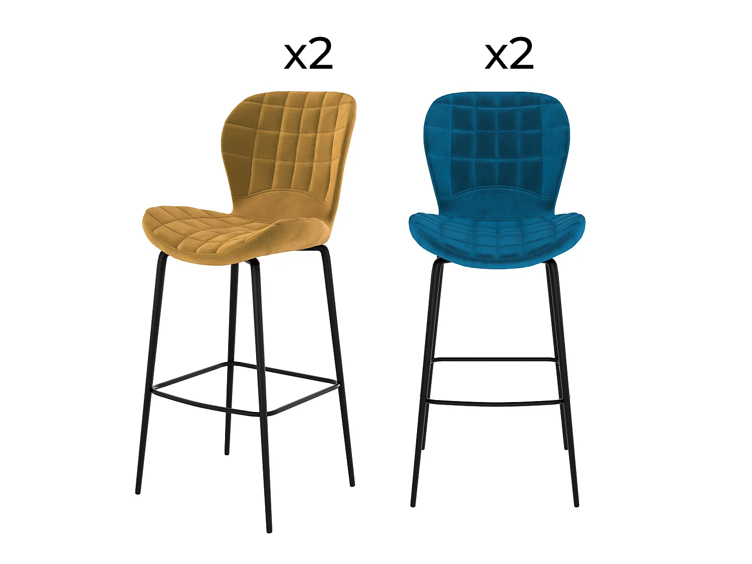 Pack de 4 sillas de bar de terciopelo amarillo y azul 75 cm - Mazzia