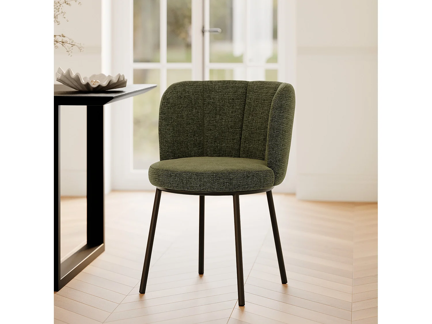 Chaise en tissu vert chiné et pieds noirs - Aby