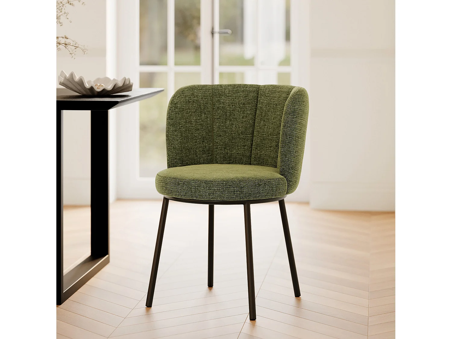 Sedia in tessuto verde mélange con gambe nere - Aby