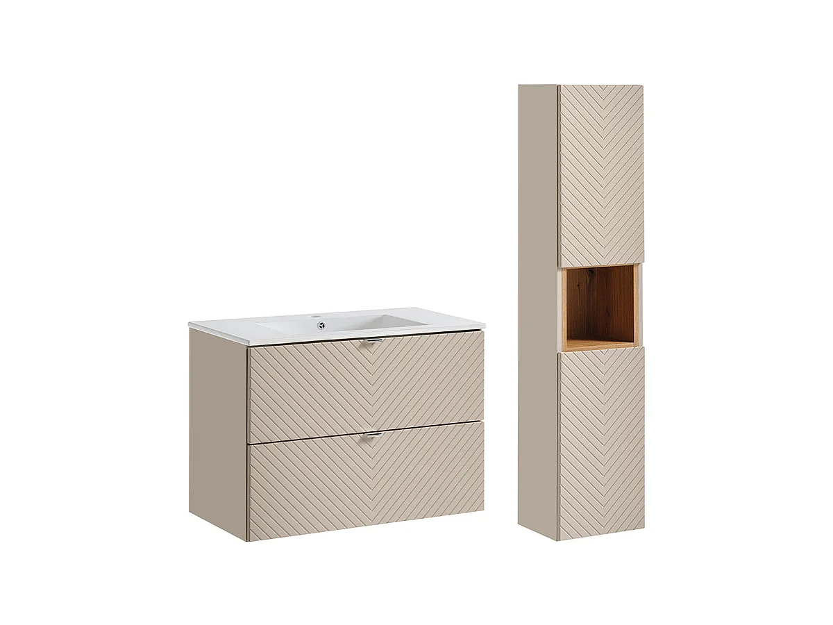 Ensemble meuble simple vasque encastrée 80cm 2 tiroirs et colonne Manoa Cachemire et Bois