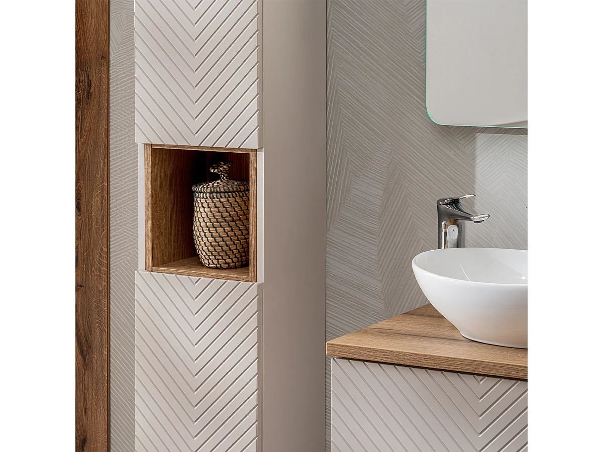 Ensemble meuble simple vasque 80cm 2 tiroirs 1 porte et colonne Manoa Cachemire et bois