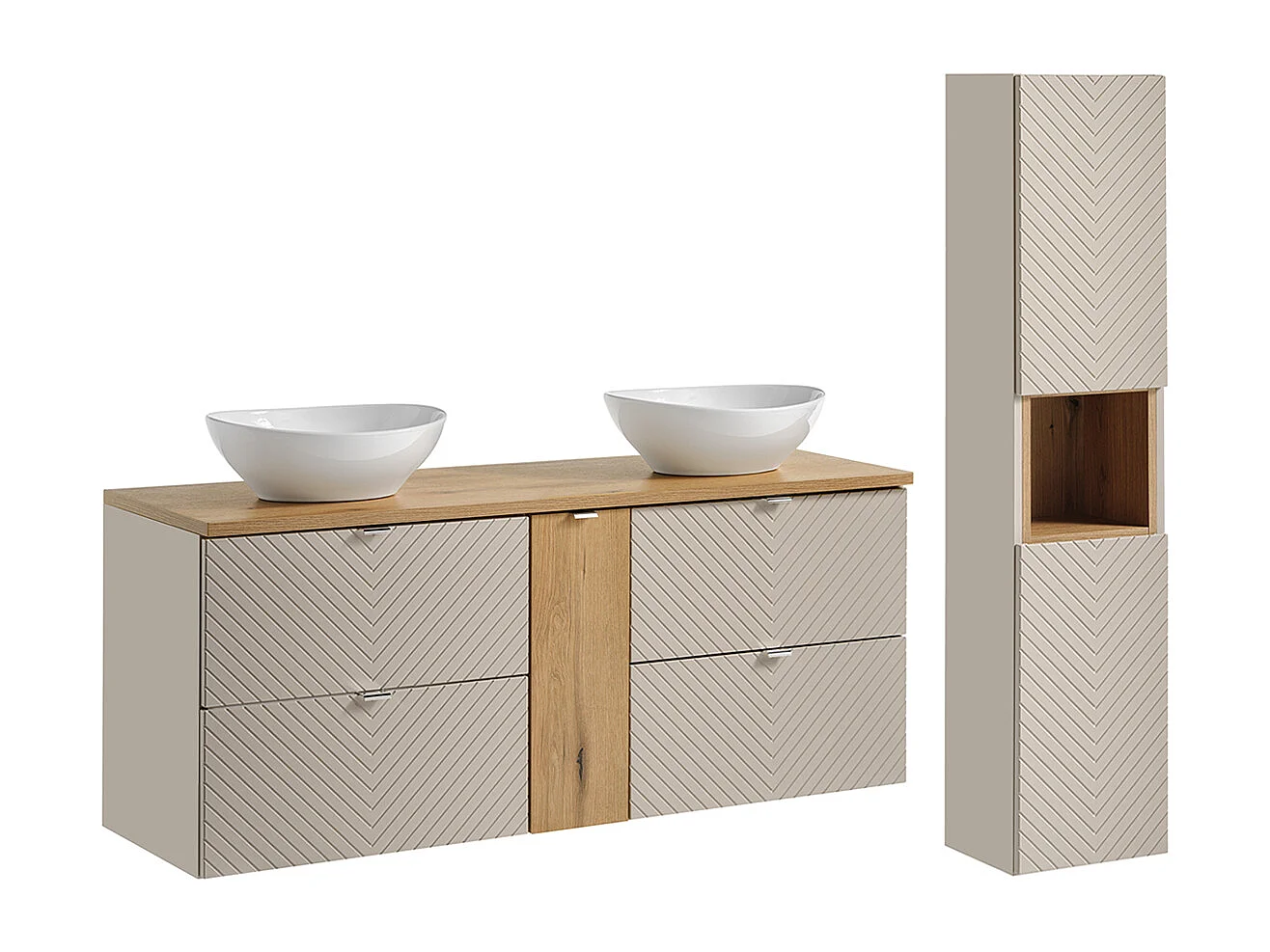 Ensemble meuble double vasque 140cm 4 tiroirs 1 porte et colonne Manoa Cachemire et bois