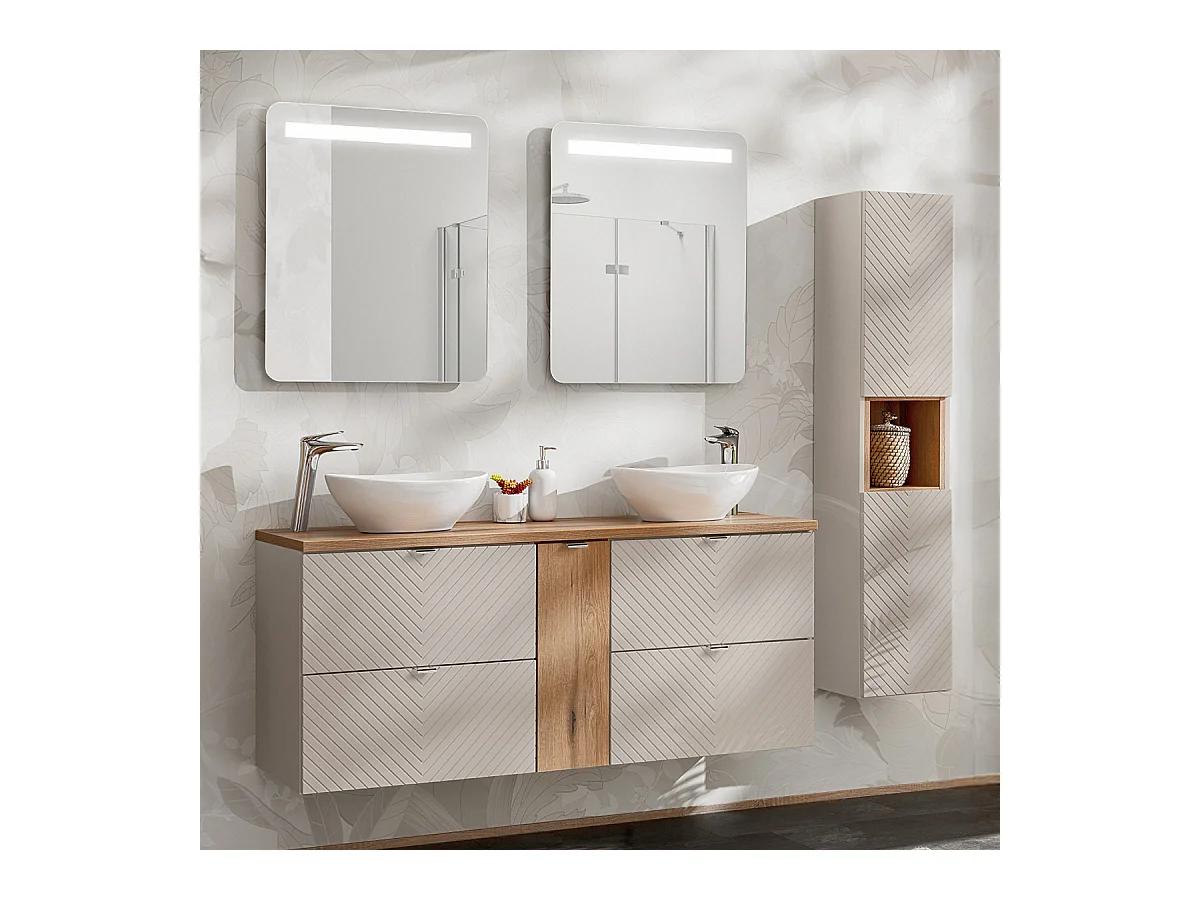 Ensemble meuble double vasque 140cm 4 tiroirs 1 porte et colonne Manoa Cachemire et bois