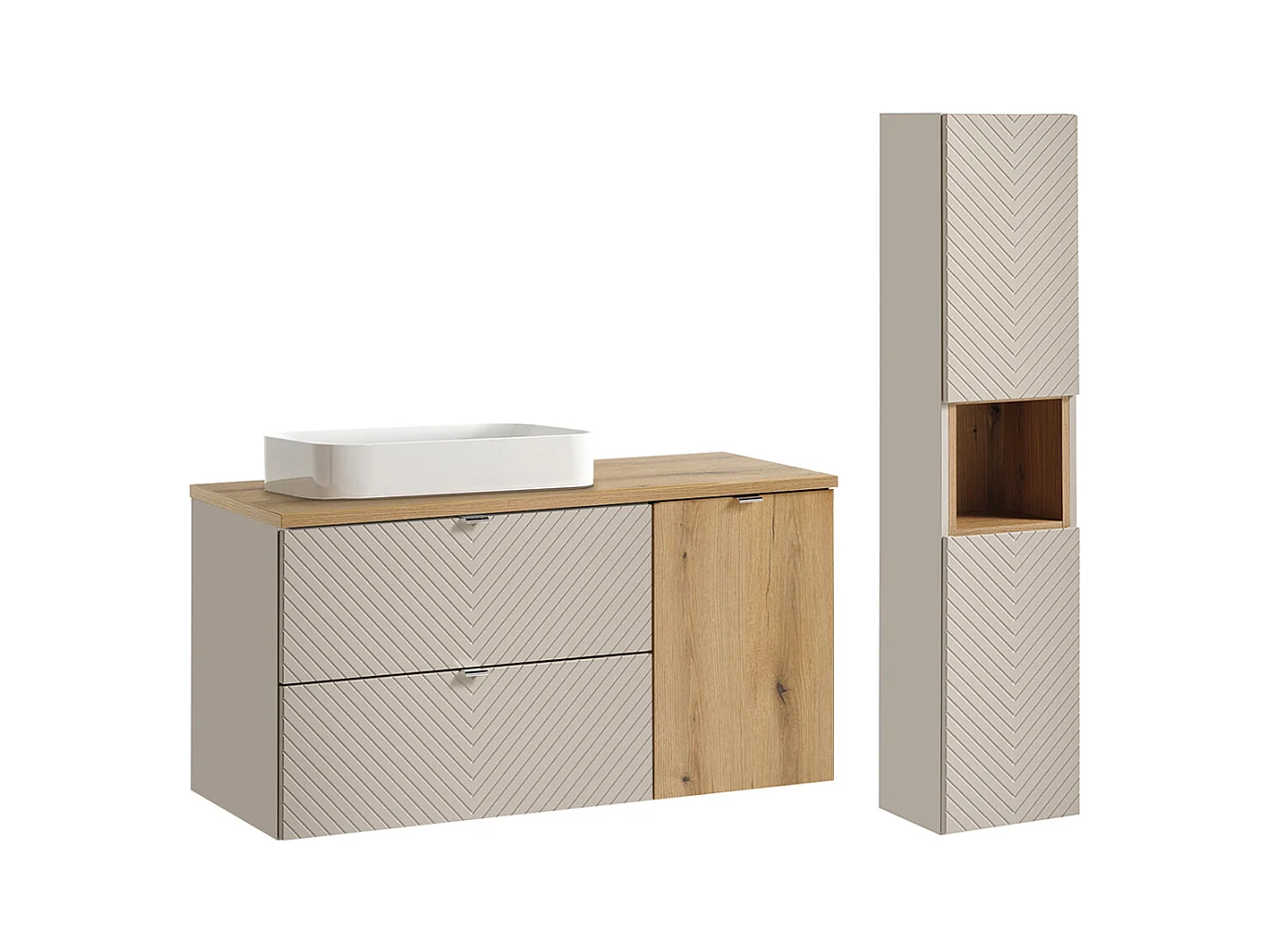 Ensemble meuble simple vasque 120cm panier à linge et colonne Manoa Cachemire et bois