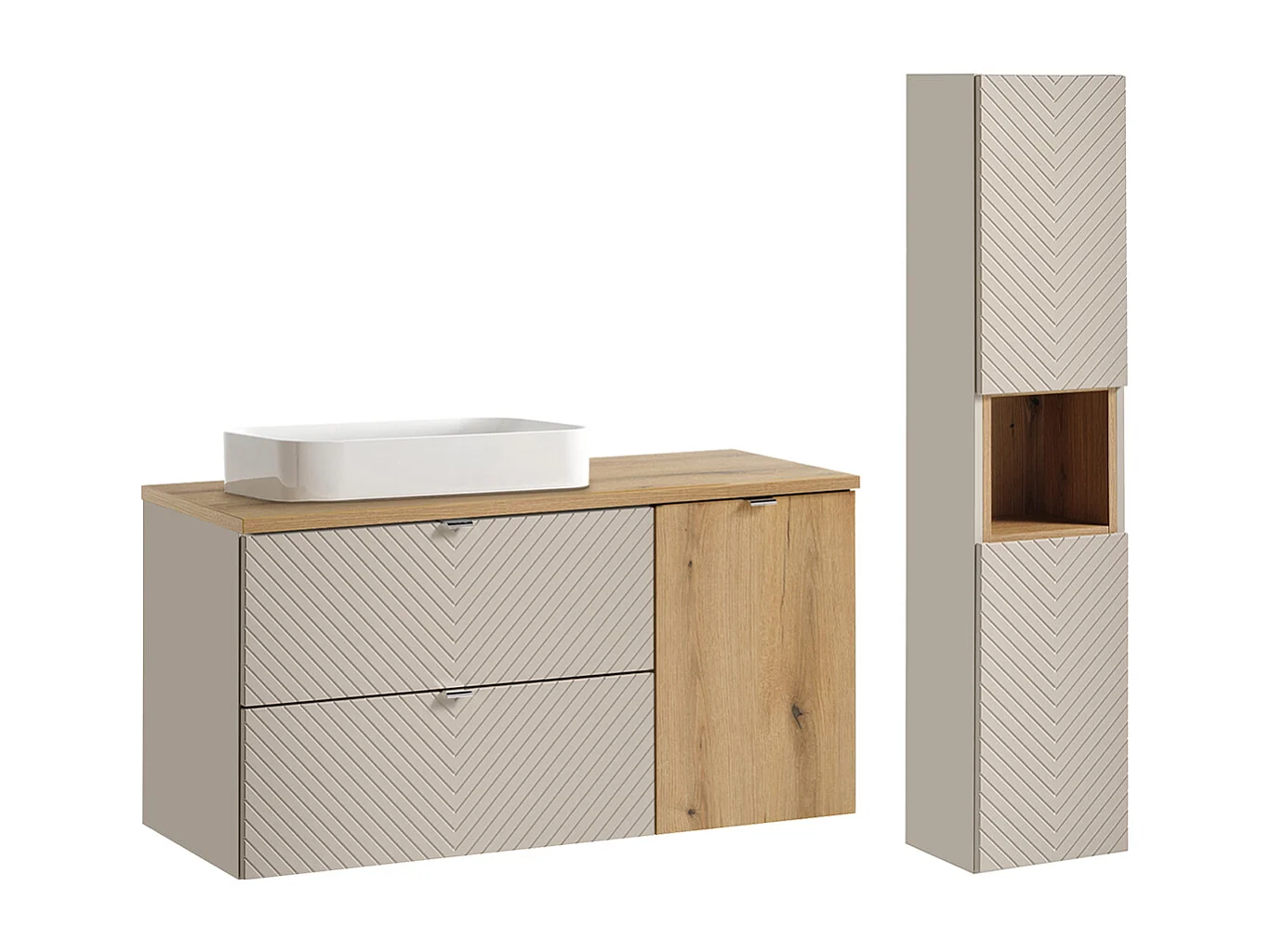 Ensemble meuble simple vasque 120cm 2 tiroirs panier à linge et colonne Manoa Cachemire et Bois