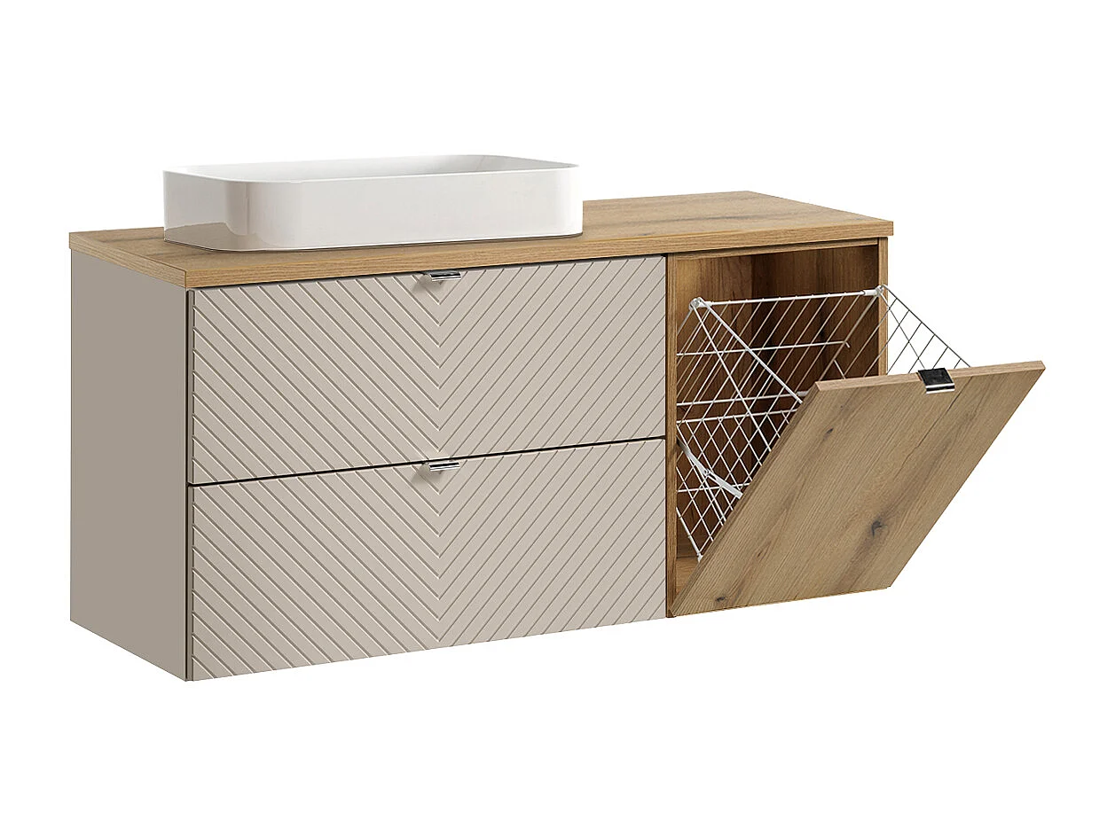 Ensemble meuble simple vasque 120cm 2 tiroirs panier à linge et colonne Manoa Cachemire et Bois