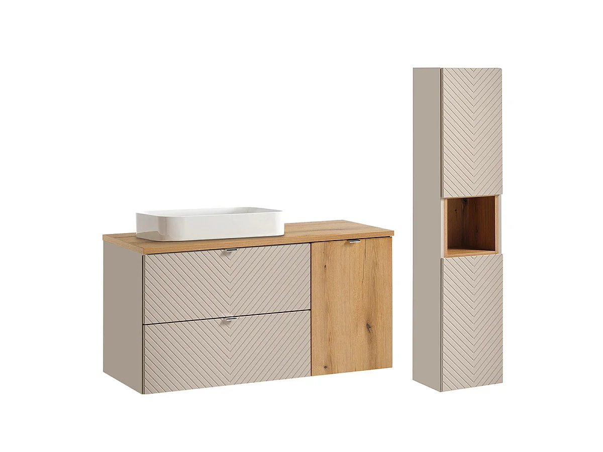 Conjunto de lavatório individual de 120 cm com cesto para roupa e coluna Manoa Caxemira e madeira