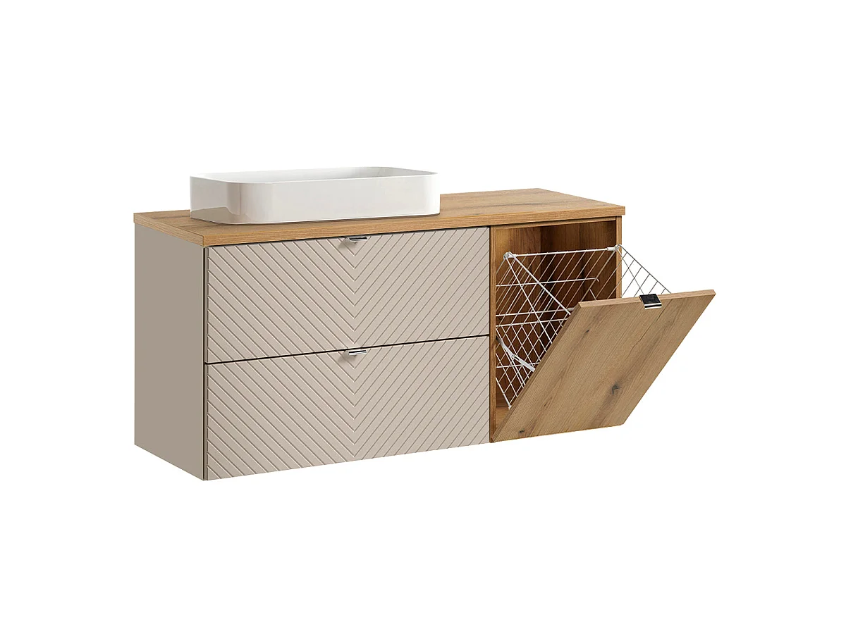 Conjunto de lavatório individual de 120 cm com cesto para roupa e coluna Manoa Caxemira e madeira