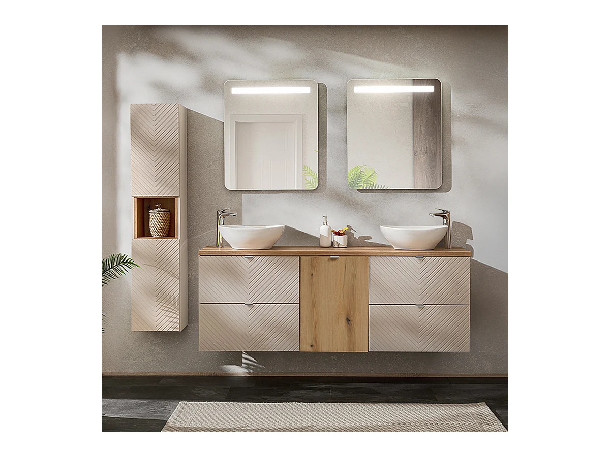 Ensemble meuble double vasque 160cm panier à linge et colonne Manoa Cachemire et bois