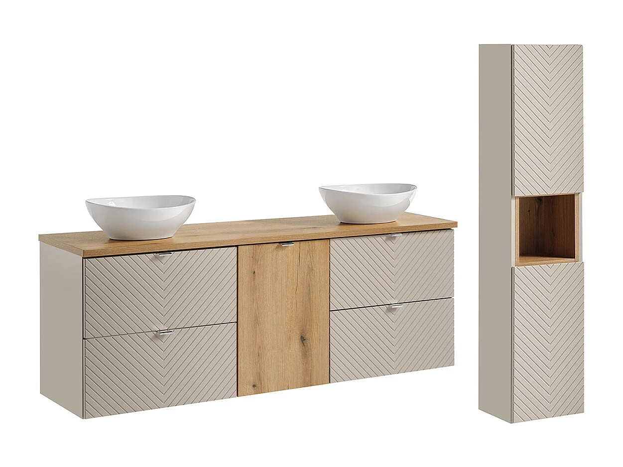 Conjunto de muebles doble lavabo 160cm con cesto de ropa y columna Manoa Cachemira y madera
