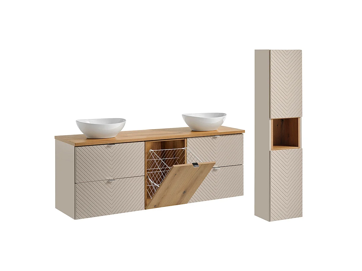 Ensemble meuble double vasque 160cm 4 tiroirs panier à linge et colonne Manoa Cachemire et Bois