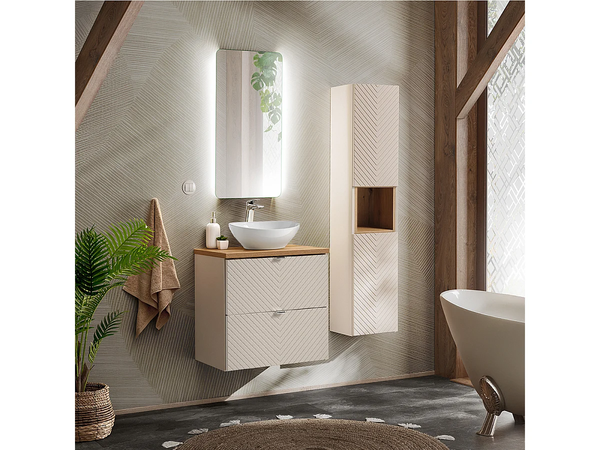 Conjunto de muebles con lavabo individual 60cm y columna Manoa Cachemira y madera