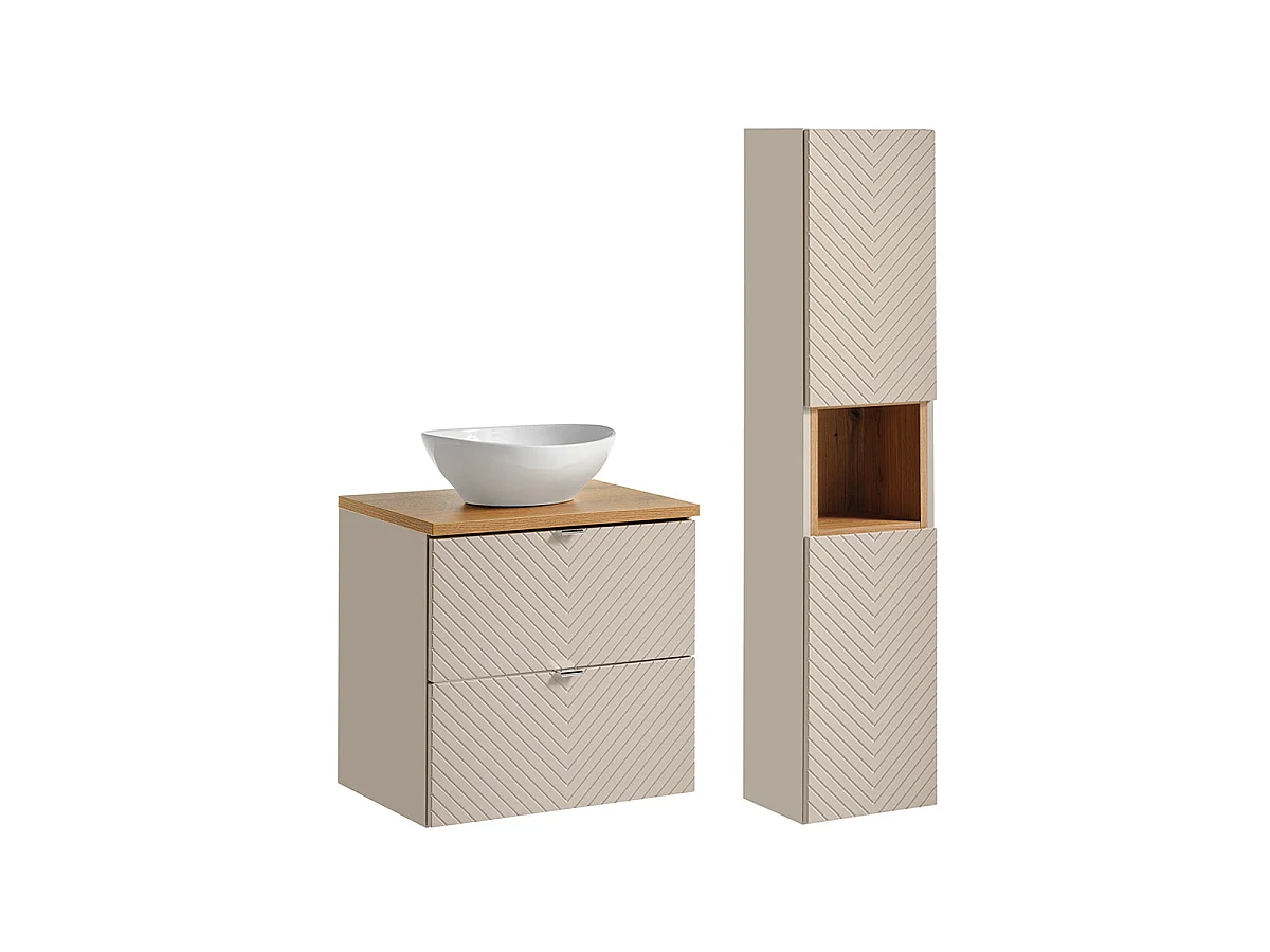 Ensemble meuble simple vasque 60cm 2 tiroirs et colonne Manoa Cachemire et Bois