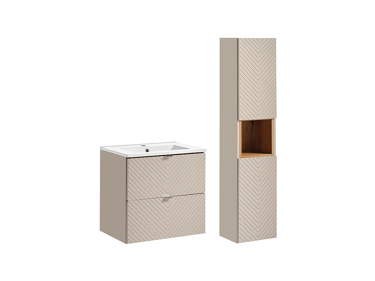 Conjunto móvel lavatório individual embutido 60cm 2 gavetas e coluna Manoa Caxemira e Madeira