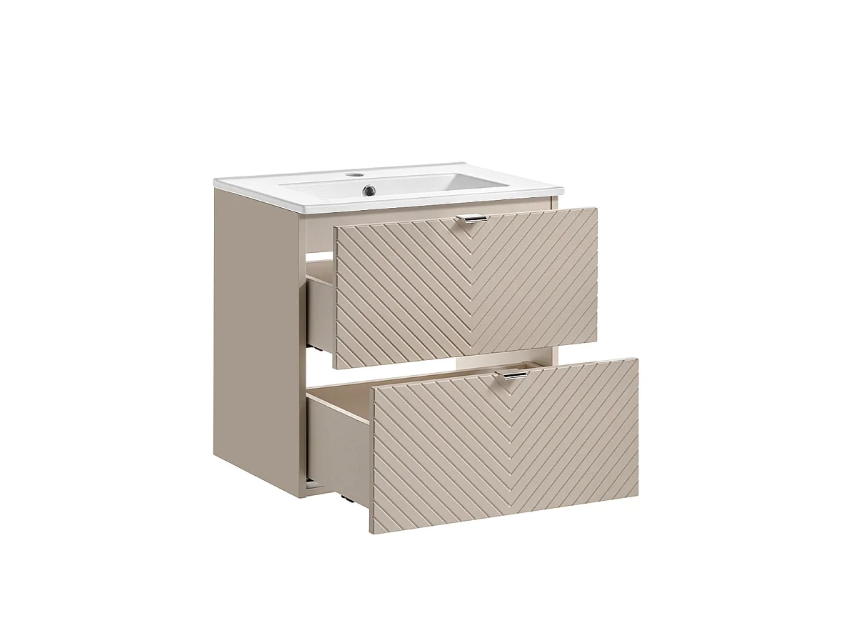 Conjunto móvel lavatório individual embutido 60cm 2 gavetas e coluna Manoa Caxemira e Madeira