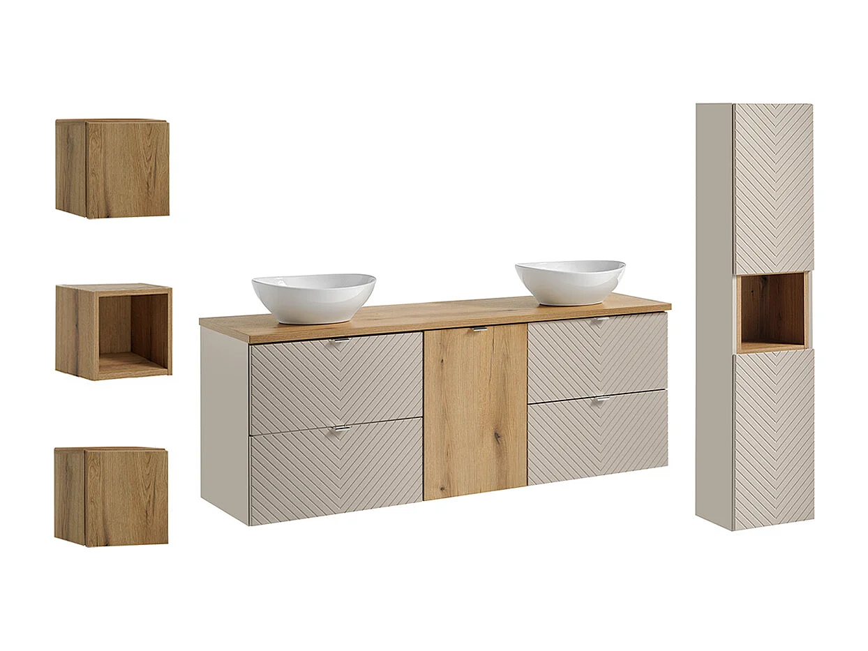Conjunto de muebles doble lavabo 160cm columna y 3 armarios de pared Manoa Cachemira y madera