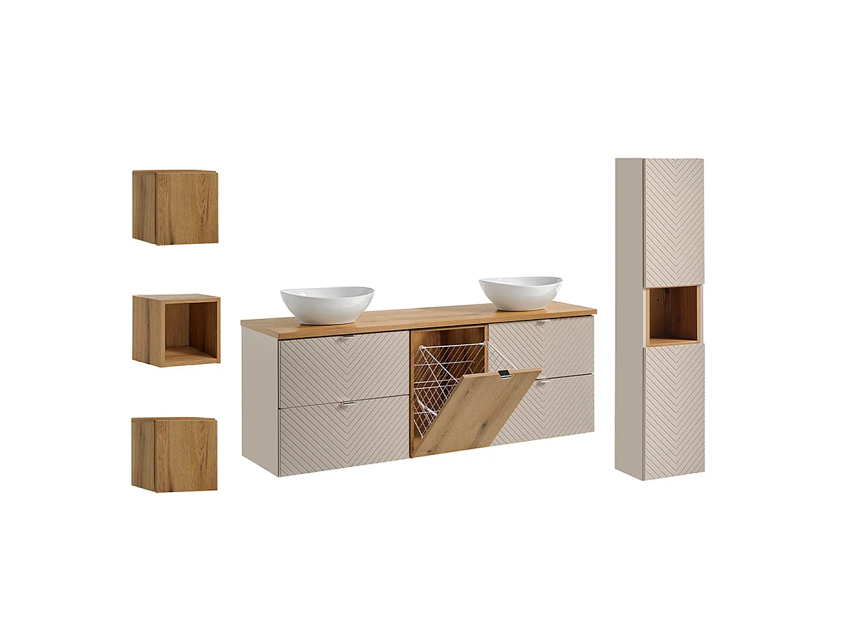 Ensemble meuble double vasque 160cm 4 tiroirs colonne et 3 armoires murales Manoa Cachemire et Bois