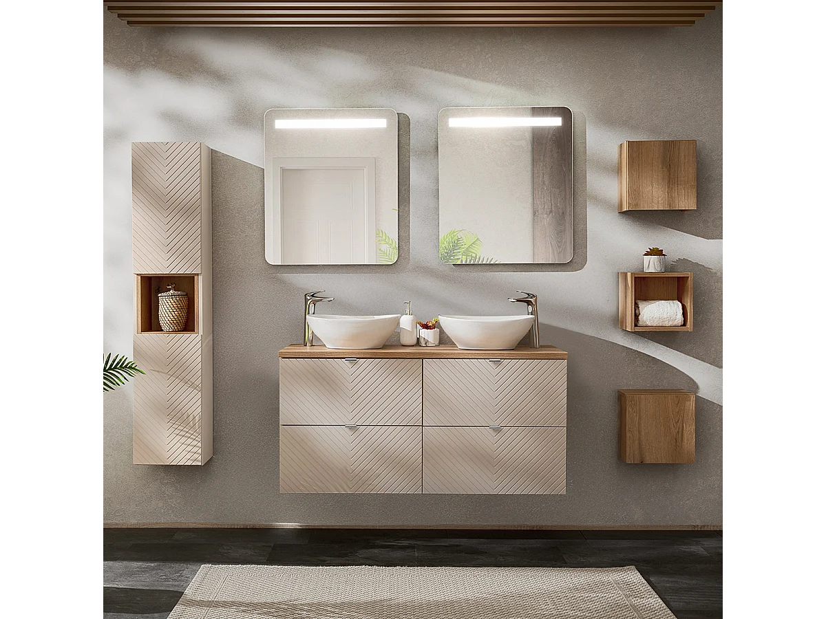 Conjunto de muebles con doble lavabo 120cm columna y 3 armarios de pared Manoa Cachemira y madera