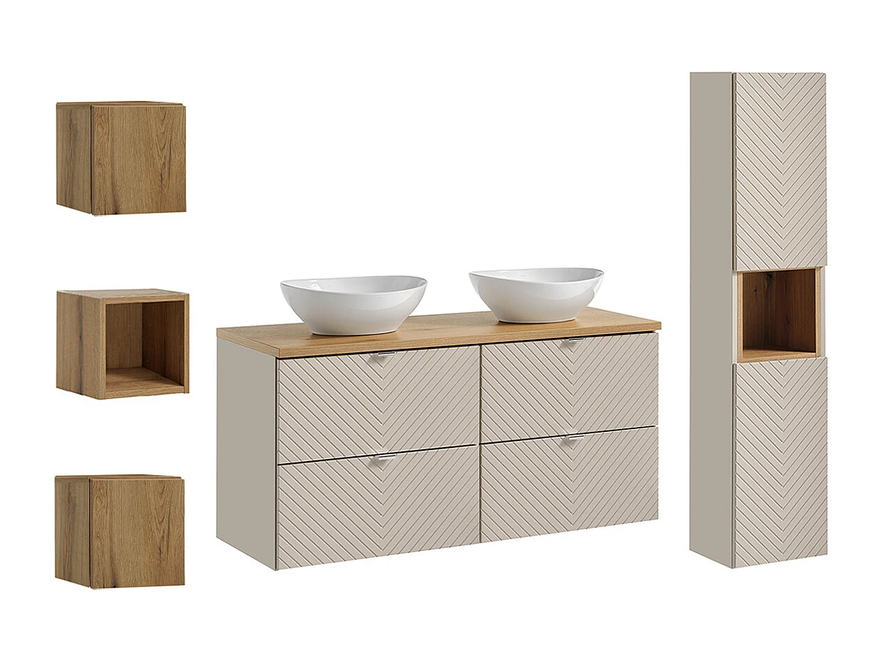Conjunto de muebles con doble lavabo 120cm columna y 3 armarios de pared Manoa Cachemira y madera