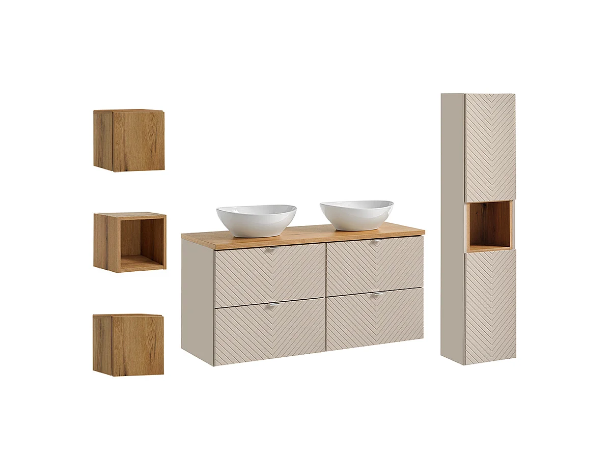 Ensemble meuble double vasque 120cm 4 tiroirs colonne et 3 armoires murales Manoa Cachemire et Bois