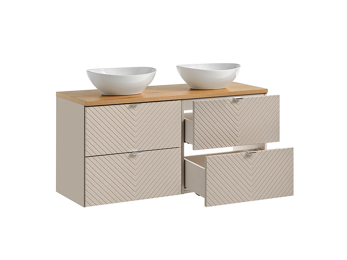 Ensemble meuble double vasque 120cm 4 tiroirs colonne et 3 armoires murales Manoa Cachemire et Bois