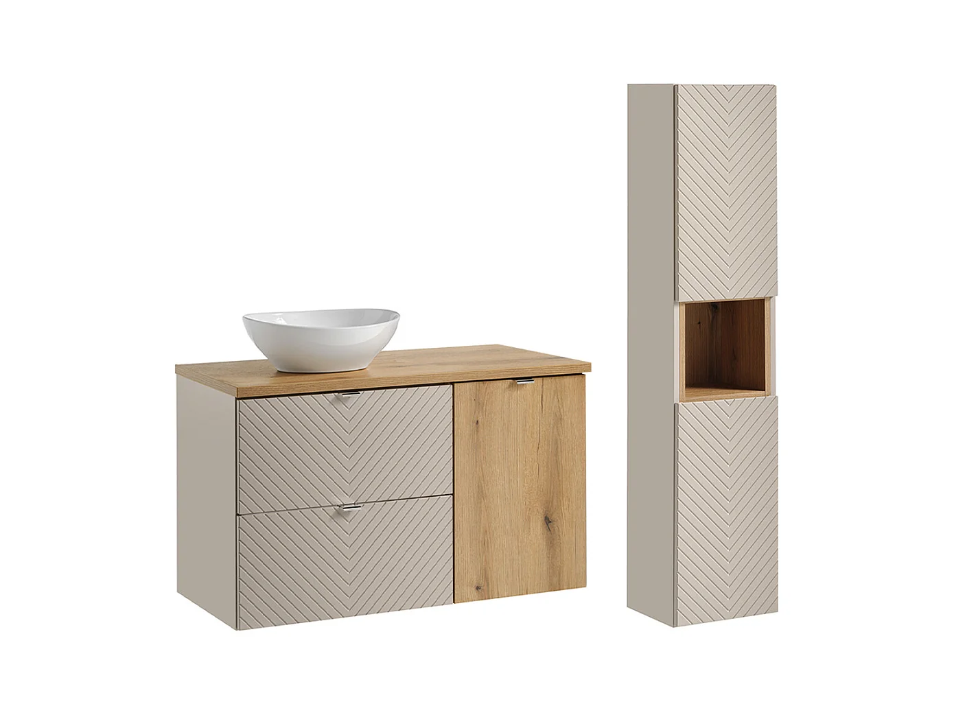 Ensemble meuble simple vasque 100cm panier à linge et colonne Manoa Cachemire et bois
