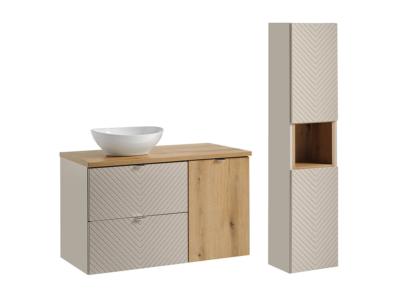 Conjunto de muebles con lavabo individual 100cm cesto ropa y columna Manoa Cachemira y madera