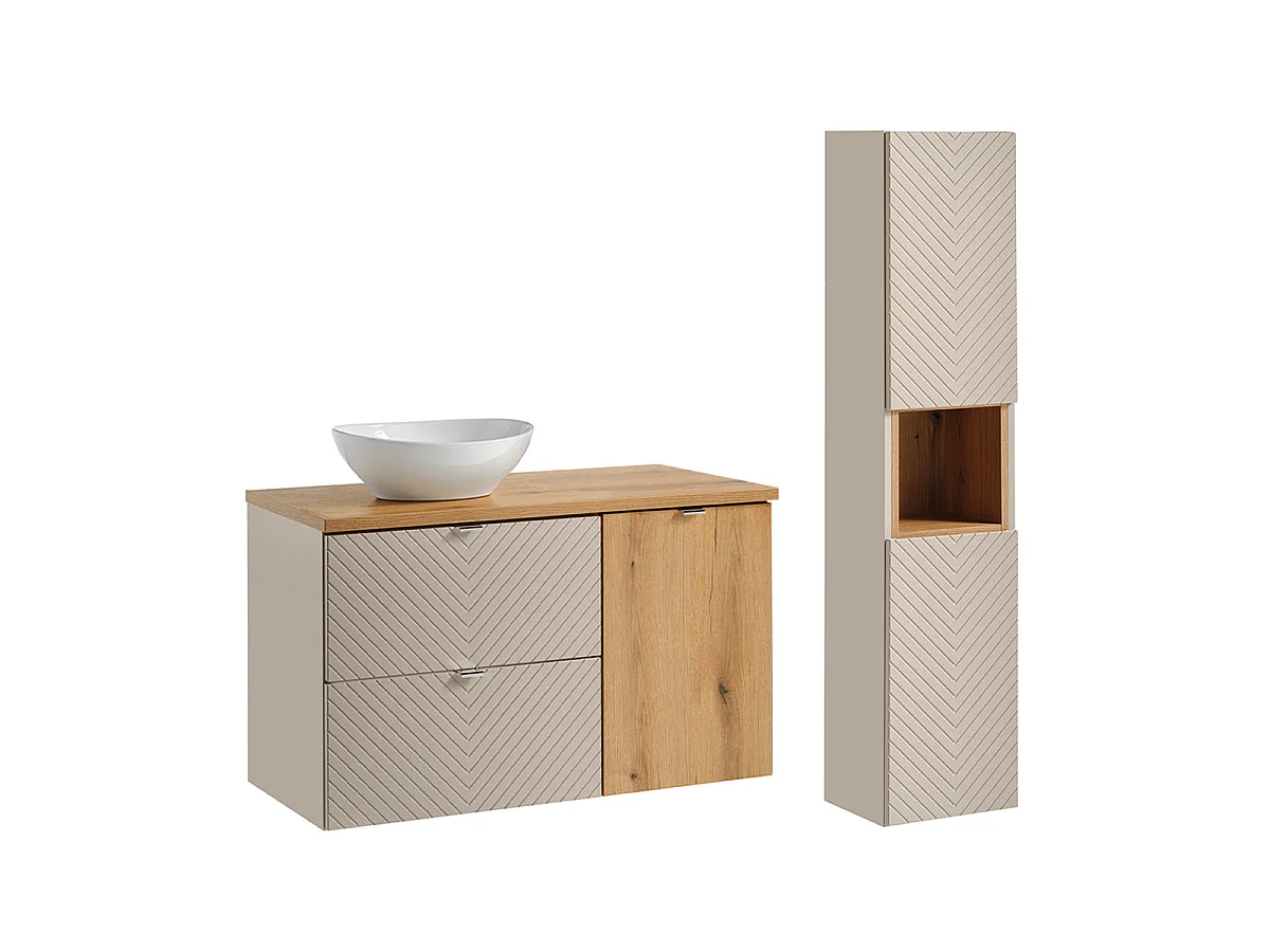 Ensemble meuble simple vasque 100cm 2 tiroirs panier à linge et colonne Manoa Cachemire et Bois