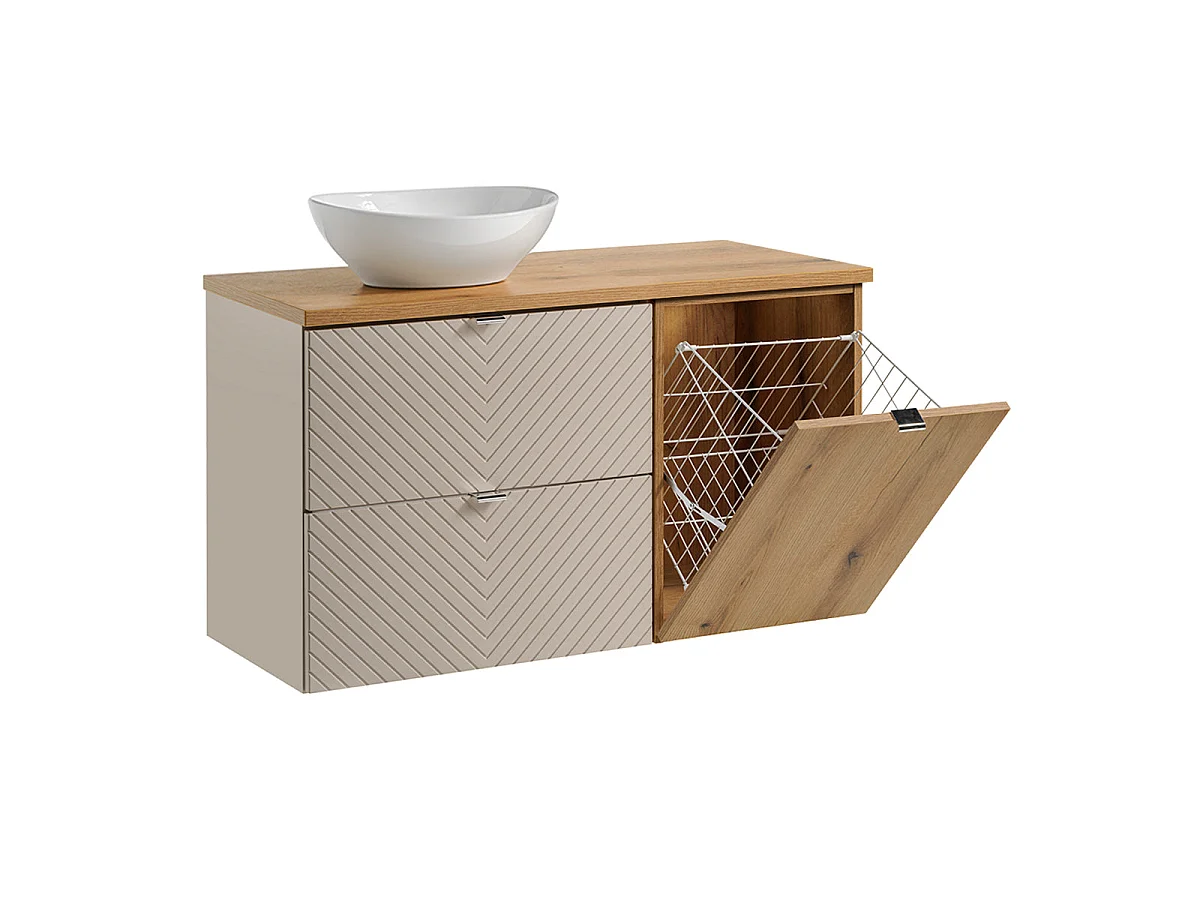 Ensemble meuble simple vasque 100cm 2 tiroirs panier à linge et colonne Manoa Cachemire et Bois