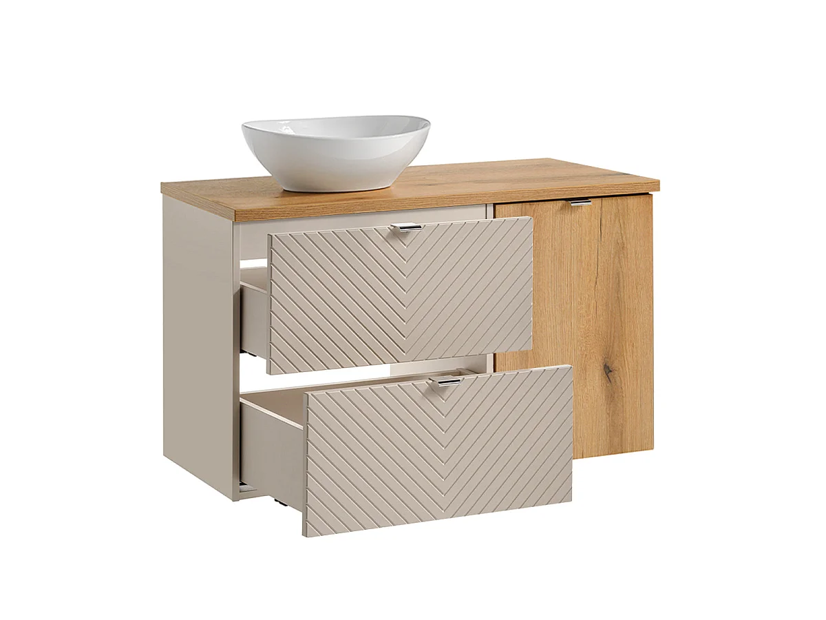 Ensemble meuble simple vasque 100cm 2 tiroirs panier à linge et colonne Manoa Cachemire et Bois