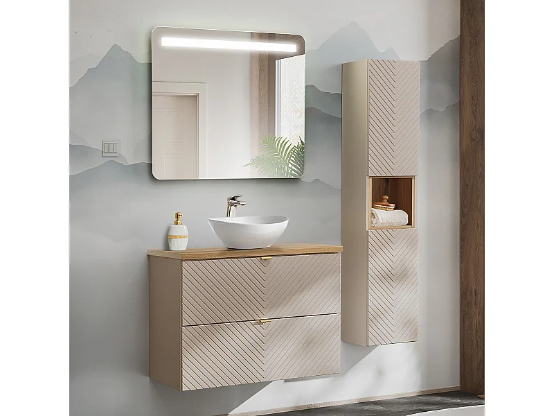 Conjunto de muebles con lavabo individual 80cm y columna Manoa Cachemira y madera
