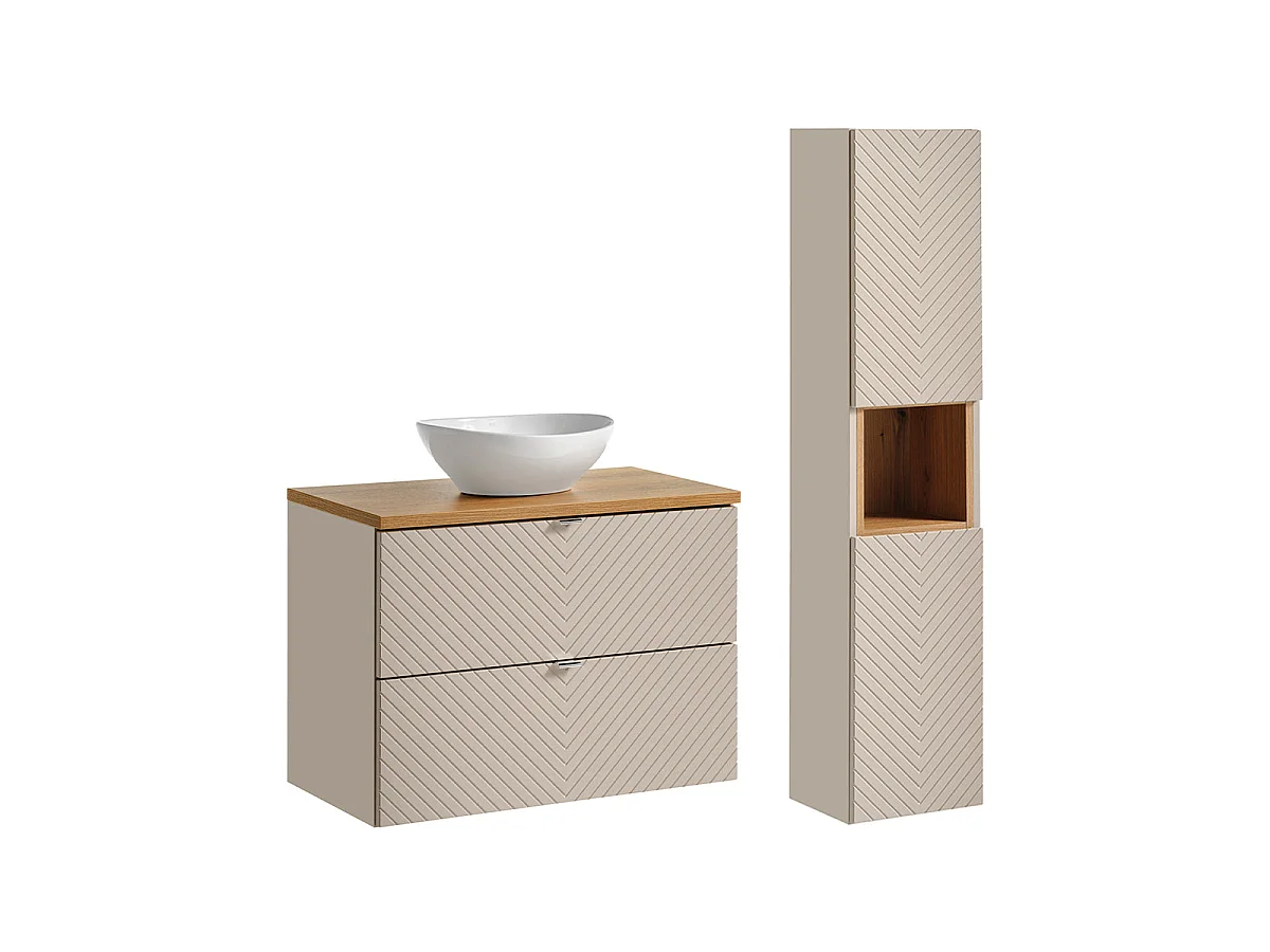 Ensemble meuble simple vasque 80cm 2 tiroirs et colonne Manoa Cachemire et Bois