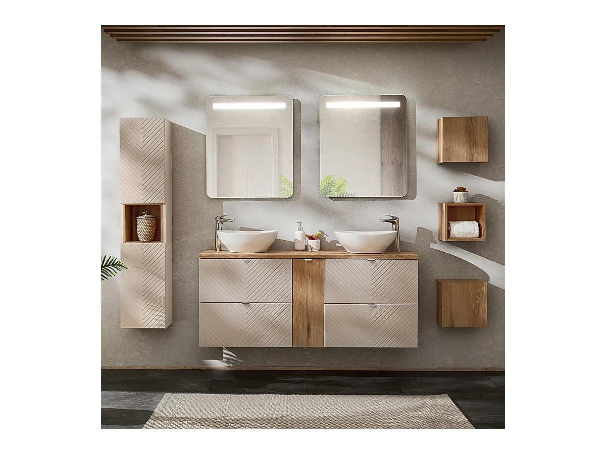 Ensemble meuble double vasque 140cm colonne et 3 armoires murales Manoa Cachemire et bois