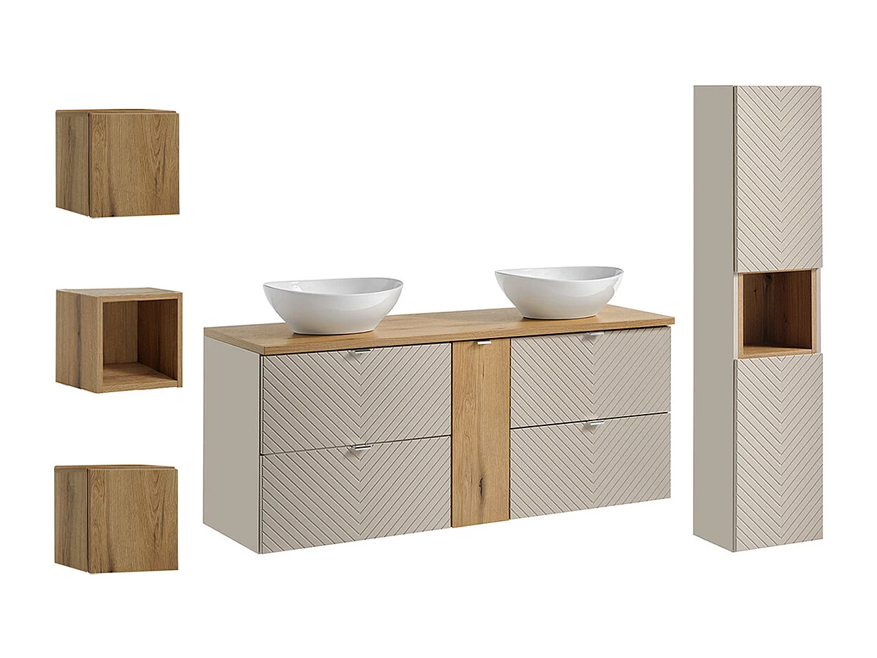 Ensemble meuble double vasque 140cm 4 tiroirs colonne et 3 armoires murales Manoa Cachemire et Bois