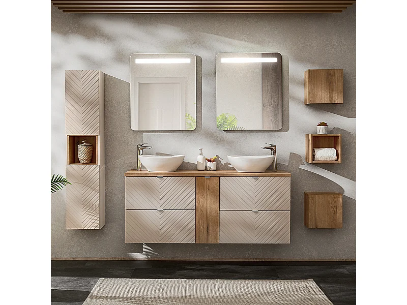 Conjunto de muebles con doble lavabo 140cm columna y 3 armarios de pared Manoa Cachemira y madera