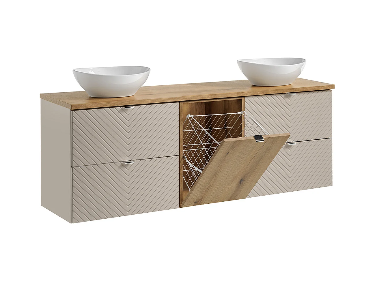 Meuble double vasque 160cm panier à linge Manoa Cachemire et bois