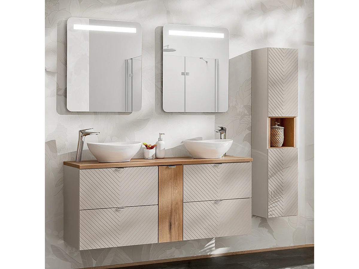 Meuble double vasque 140cm 4 tiroirs 1 porte Manoa Cachemire et bois