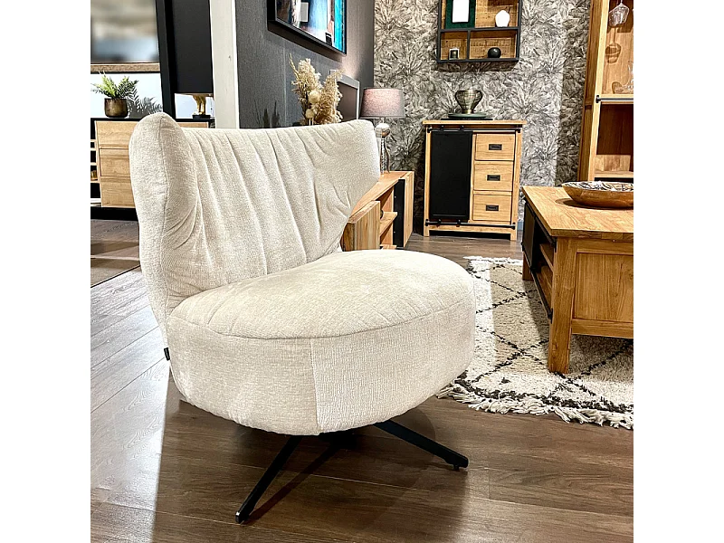 Fauteuil rotatif 360° microfibre blanc écru et pieds métal – FRANCESCA