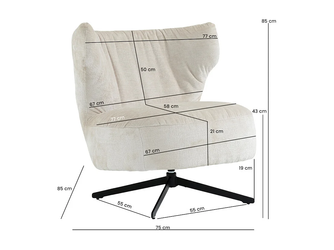 Fauteuil rotatif 360° microfibre blanc écru et pieds métal – FRANCESCA