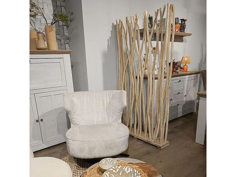 Fauteuil rotatif 360° microfibre blanc écru et pieds métal – FRANCESCA