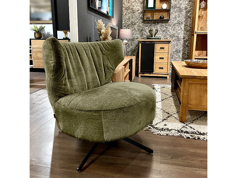 Fauteuil rotatif 360° en microfibre vert kaki et pieds métal – FRANCESCA