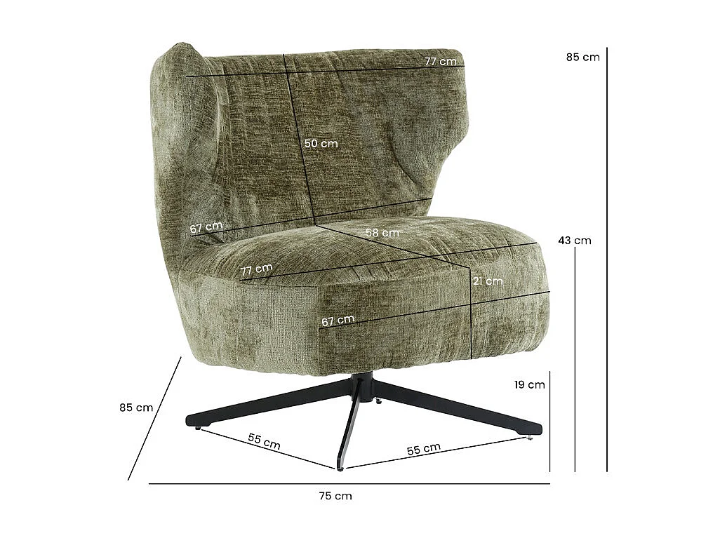 Fauteuil rotatif 360° en microfibre vert kaki et pieds métal – FRANCESCA