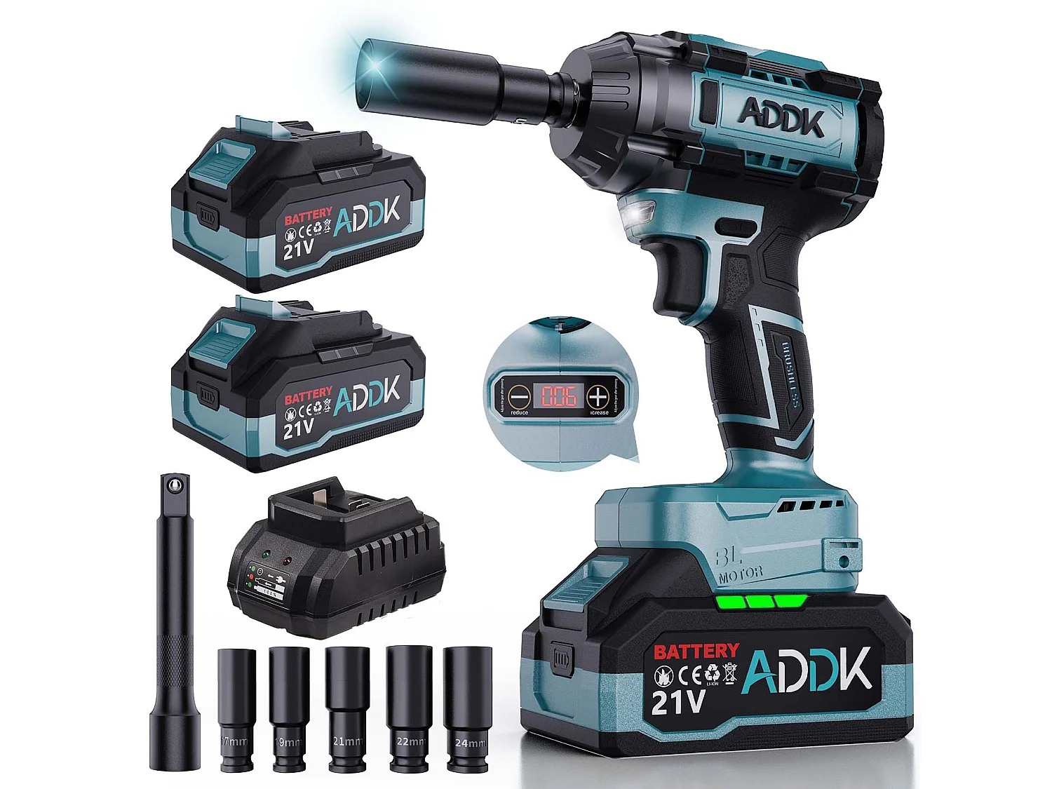 Clé à chocs sans fil Brushless, 1000Nm Boulonneuse a Choc avec 2x2.1Ah Batterie, 6 vitessse, avec 12pcs Accessoires