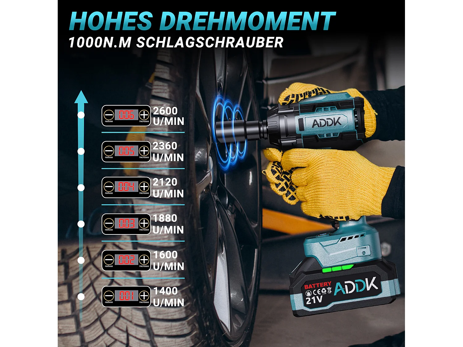 Chave de impacto sem fios sem escovas, chave de impacto de 1000 Nm com bateria de 2x2,1 Ah, 6 velocidades, com 12 acessórios