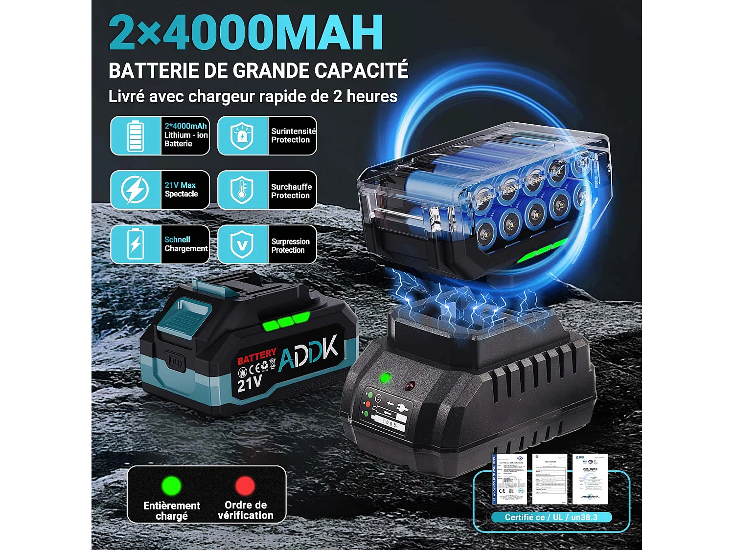 Chave de impacto sem fios sem escovas, chave de impacto de 1000 Nm com bateria de 2x2,1 Ah, 6 velocidades, com 12 acessórios