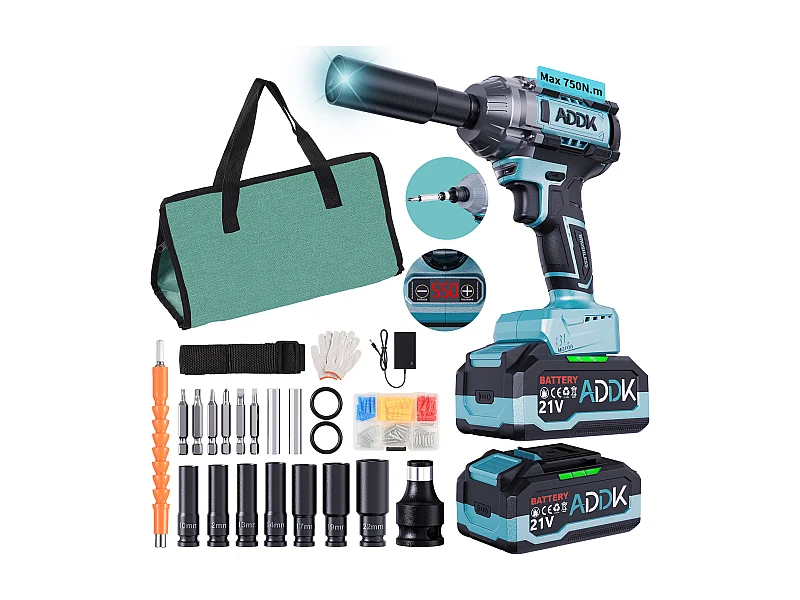 Chiave a percussione senza fili Coppia massima 750N.m, batteria agli ioni di litio da 4000 mAh, chiave a percussione elettrica con motore brushless da 21 V