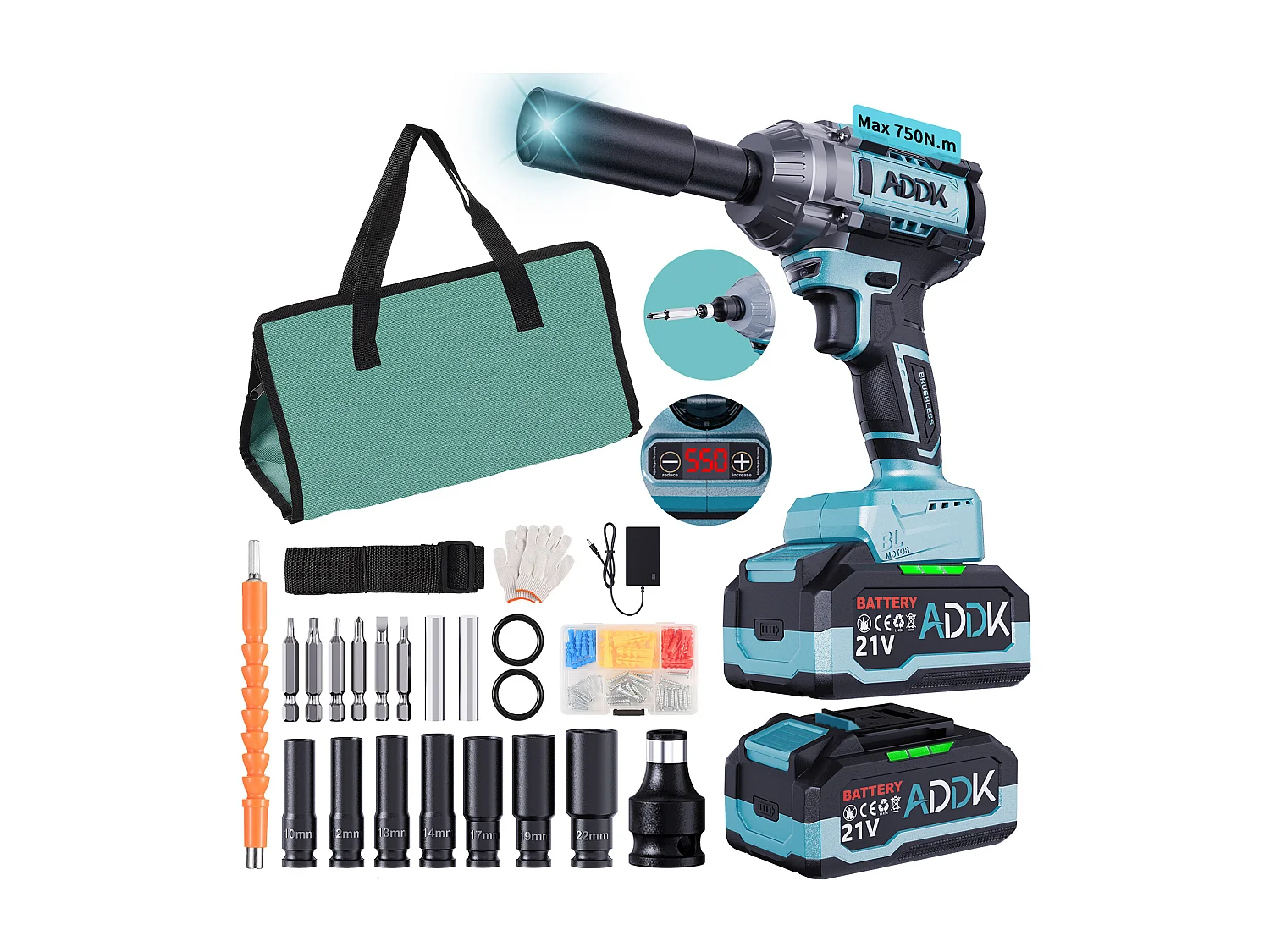 Chave de impacto sem fios Binário máximo 750 N.m, bateria de iões de lítio de 4000 mAh, motor sem escovas de 21 V Chave de impacto elétrica