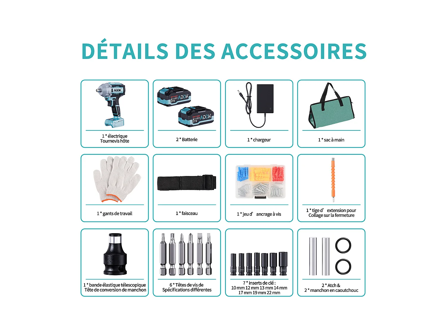Clé à chocs sans fil Couple maxi 750N.m, batterie Li-ion 4000mAh, moteur sans balais 21V Clé à chocs électrique