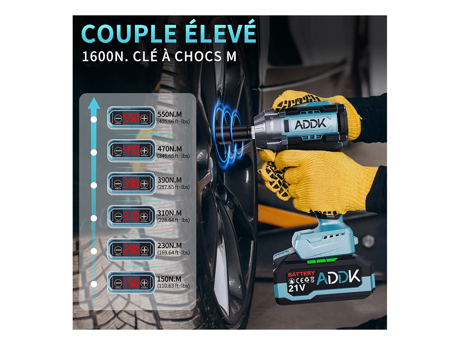 Clé à chocs sans fil Couple maxi 750N.m, batterie Li-ion 4000mAh, moteur sans balais 21V Clé à chocs électrique